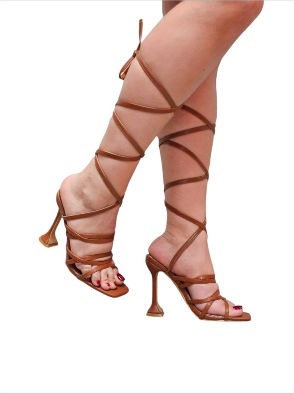 Strappy Brown Gladiator Heels With Lace-Up Design & Square Toe High Heel Sandals - Picture 12 of 16